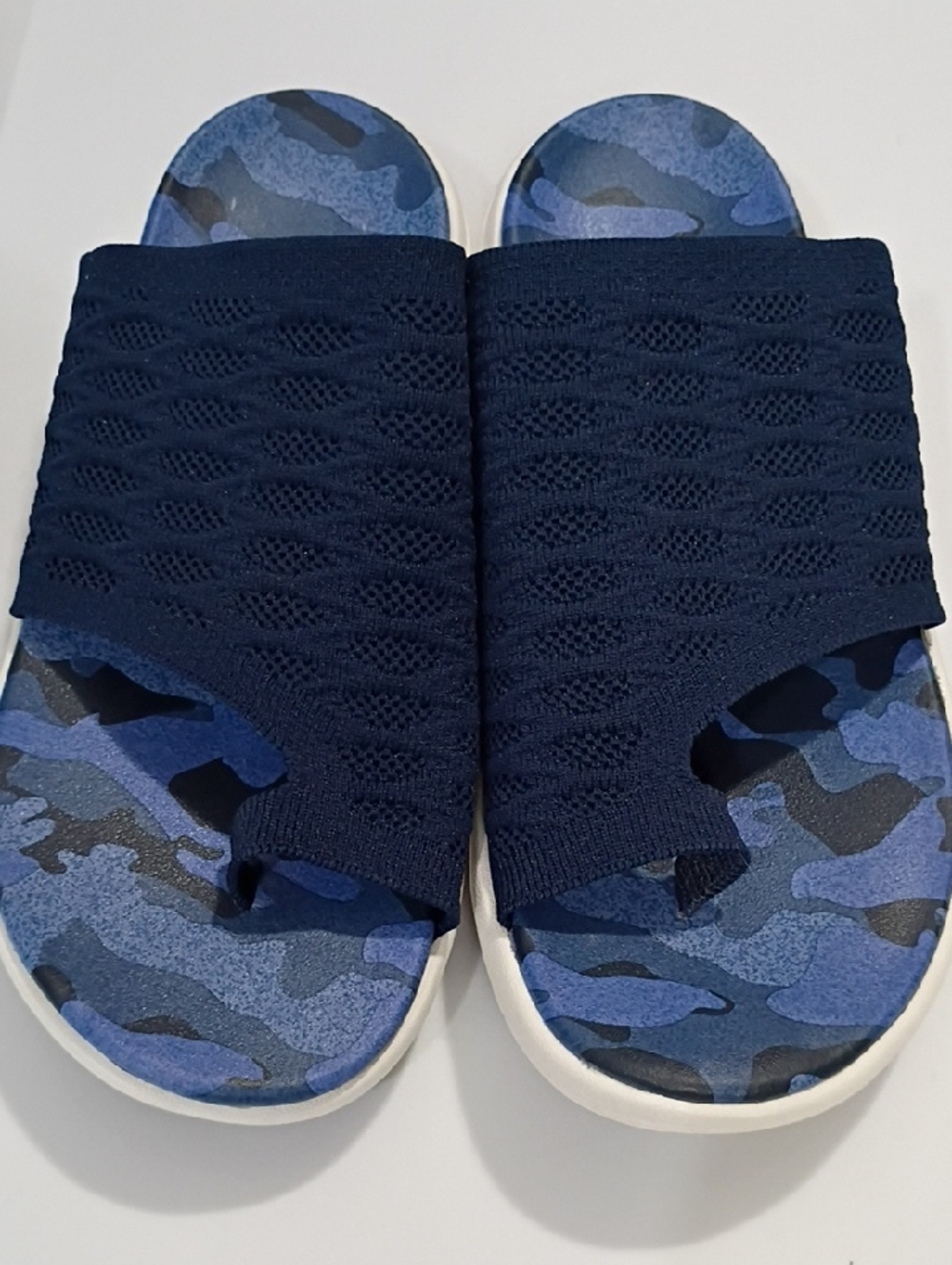 RBX NAVY BLUE KNIT MESH SLIDE SANDALS WITH BLUE CAMO FOOTBED SIZE 9 NWT